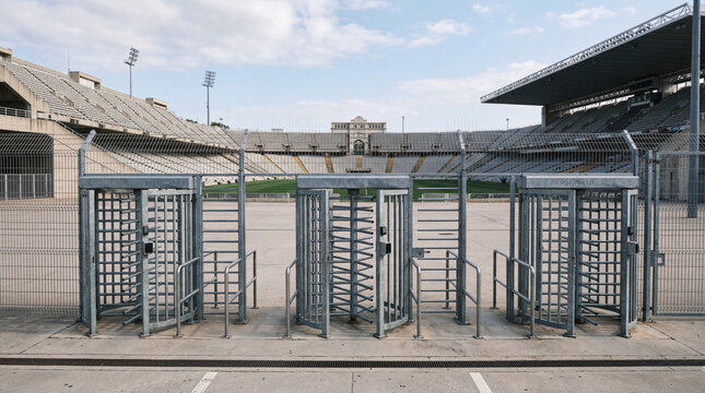 Sturdy full height security turnstiles at the perimeter gate of large empty sports stadium complex