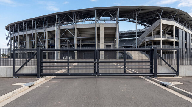 Secure automatic sliding gate closed tightly at a modern professional sports stadium entrance facility arena