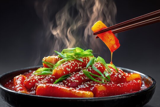Spicy Korean Tteokbokki Rice Cakes with Chopsticks, 
Gochujang Sauce Dripping, Dark Background
