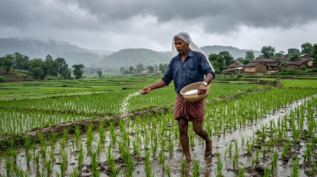 Indian Farmer Spreading Fertilizer in Rice Paddy Field during Monsoon Season