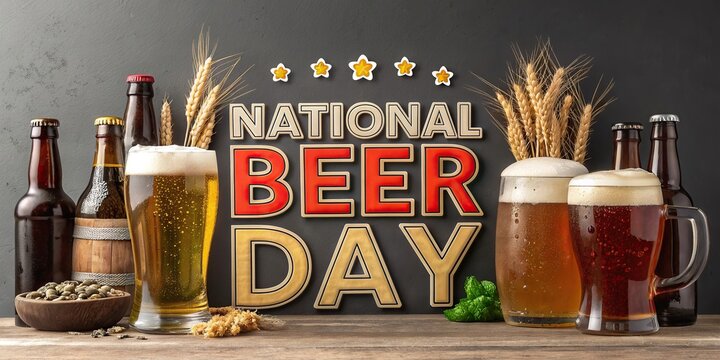National Beer Day festive banner with beer bottles mugs barley hops and vintage lettering