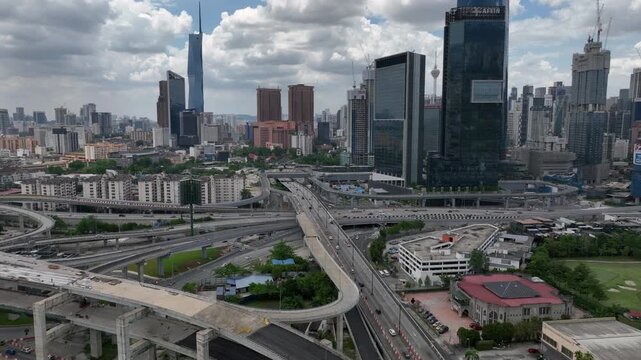 day time kuala lumpur city traffic street road interchange downtown view aerial panorama 4k malaysia  