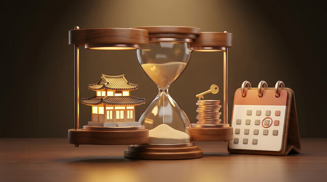 Long term real estate investment and financial planning concept with 3D traditional house model and coins with key on hourglass scale next to calendar