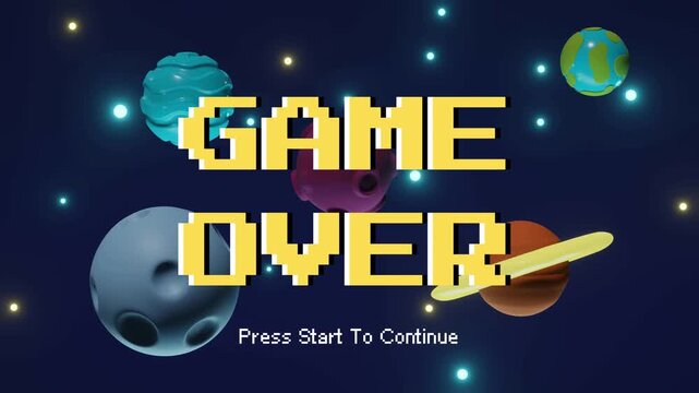 Dramatic Game Over screen with retro pixel art, set against a mesmerizing cosmic backdrop featuring stylized planets and glowing stars, signaling the end of a digital challenge