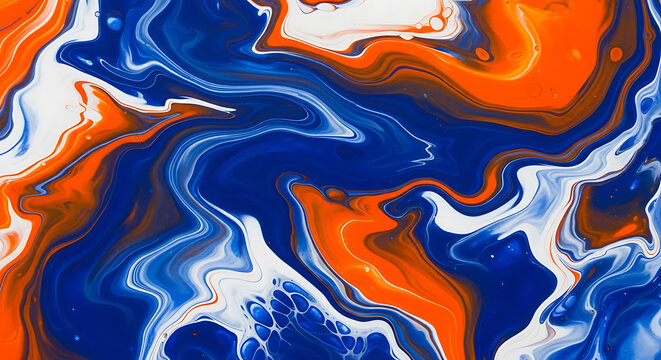 Vibrant Fluid Art Swirls of Blue Orange White.