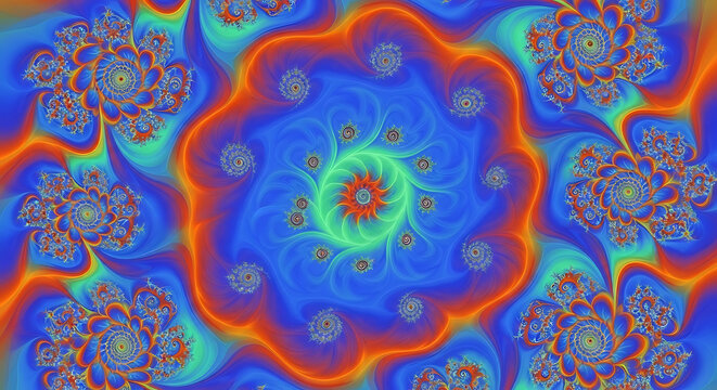 Vibrant psychedelic fractal art with intricate spiral patterns.