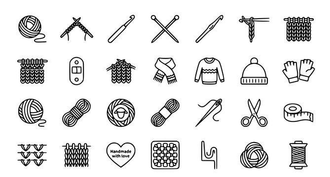 Knitting and crochet icons set with yarn needles and handmade clothing