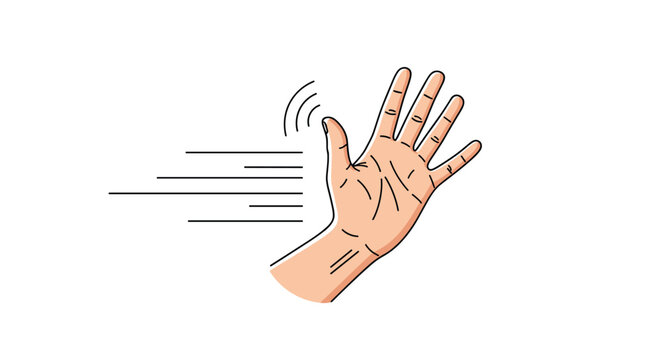 Graphic illustration of a human hand waving in a fast motion to show greeting or farewell against a clean white background.