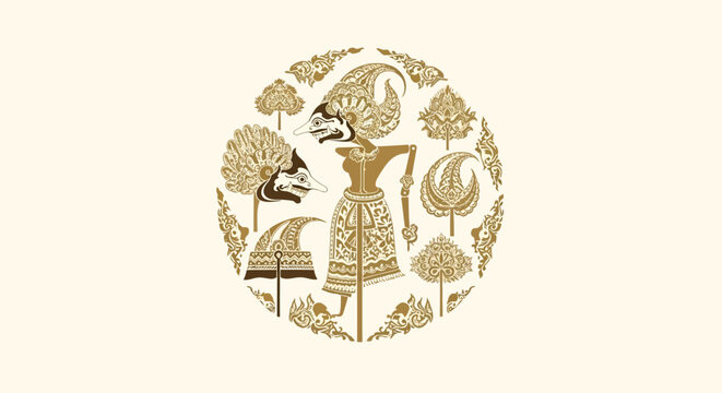 Intricate golden-brown circular design featuring a traditional Indonesian Wayang Kulit puppet figure surrounded by ornate cultural motifs.