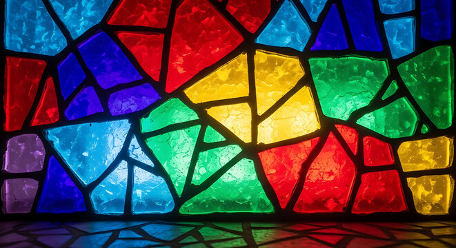 Vibrant Stained Glass Window with Colorful Geometric Patterns.