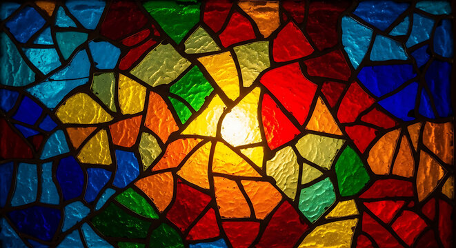 Vibrant Stained Glass Window with Colorful Abstract Mosaic Design.