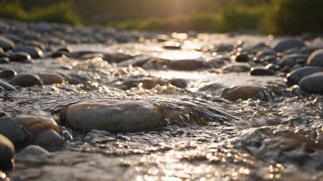 Shallow stream with rounded river stones and flowing water illuminated by warm golden hour sunlight