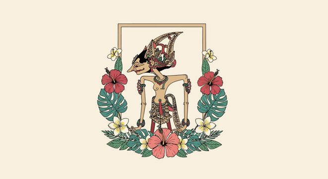 A detailed illustration of a traditional Javanese Wayang Kulit puppet, adorned with tropical flowers and leaves, set against a light background.
