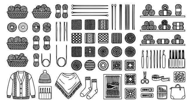 Knitting and crochet doodle illustrations for crafty projects and patterns