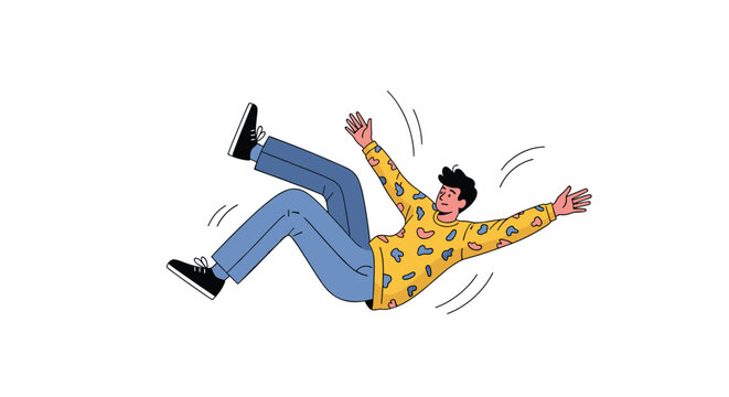 Illustration of a young man in a patterned yellow sweater and blue jeans falling backwards through the air with an expressive pose.