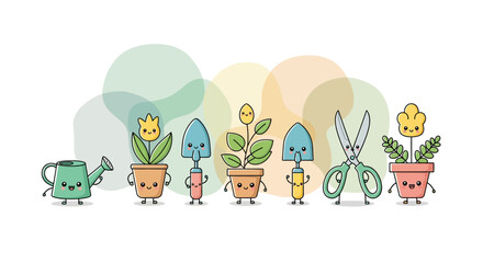 Naklejka premium Cute cartoon gardening tools and potted plants with faces, standing in a row against a pastel background.