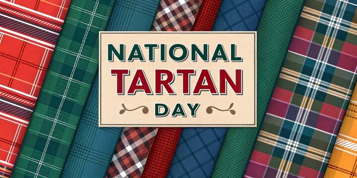 National Tartan Day banner with Scottish thistle flags and traditional tartan patterns
