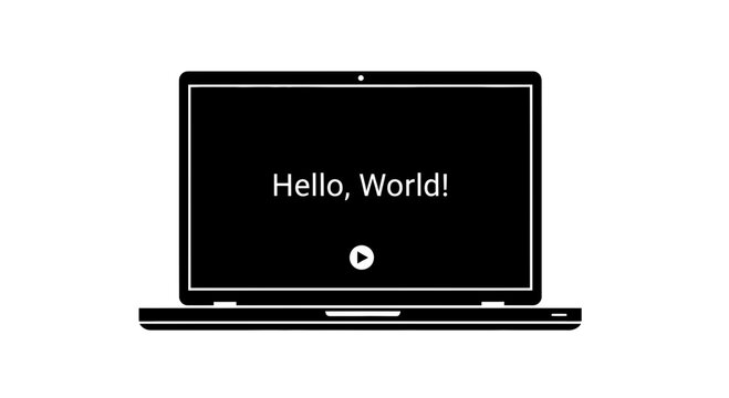 Laptop screen displays the text Hello World with a play icon representing computer programming and software development.