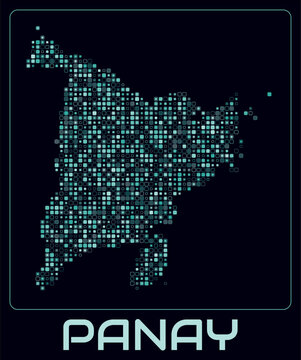 Panay digital style map. Small roundedSquare dots on dark background. Dotted shape of the island. Panay map and title. Awesome vector illustration.