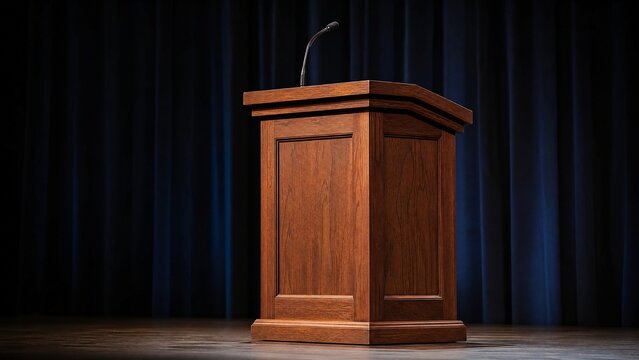 lectern. A wooden lectern with a microphone against a dark velvet curtain. event programs, museum guides, designed for cultural heritage projects and event programs, elevates cultural identity.