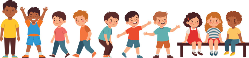 Cute diverse group of happy multiethnic children standing and sitting together smiling in colorful clothes illustration isolated on background