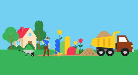 Gardening and Construction Scene: Man Raking, Dump Truck, House, and Flowers © mak