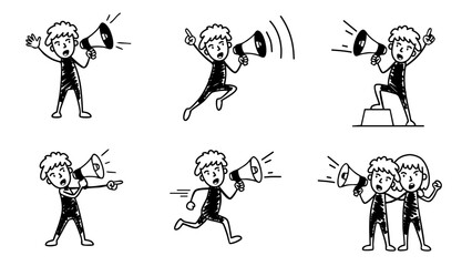 Fototapeta premium man shouting with megaphone in different poses bundle set