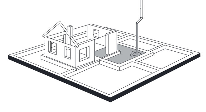 House construction blueprint, foundation and framing, architectural drawing style