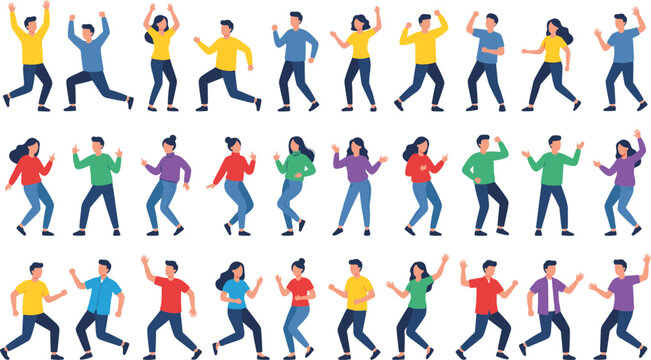 Flat illustration of young diverse people dancing happily at a party isolated on white background set