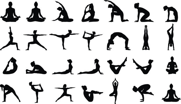 Black yoga poses silhouette set with women icons practicing meditation aerobics fitness and healthy lifestyle over white background