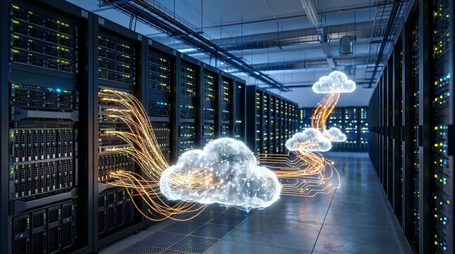 Multiple glowing cloud nodes transmitting data through light pathways within data center corridor representing distributed network cloud computing