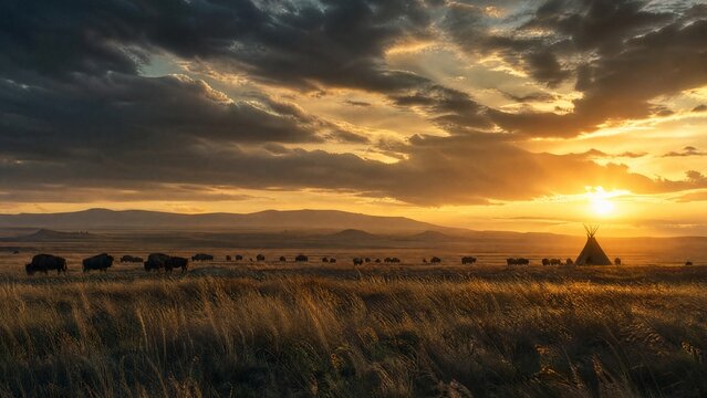 tipi. Prairie landscape with a bison herd and a tipi silhouette at golden hour. travel magazines, destination branding, designed for outdoor magazines and nature guides, used by event planners.