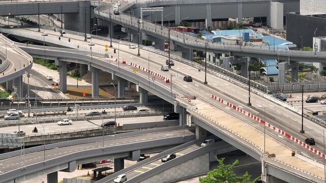 sunny day kuala lumpur city traffic street road interchange aerial topdown panorama 4k malaysia  