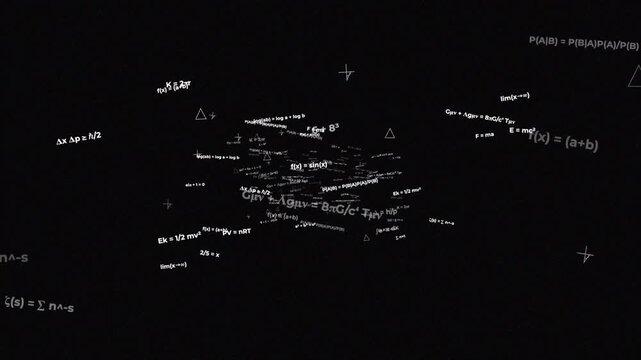 Flying through a galaxy of mathematical equations and scientific notations, academic research background 4k video