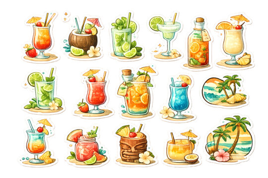 Tropical cocktail sticker collection, tropical cocktail stickers, sticker collection, tropical cocktails, cocktail stickers, tiki drinks, beach cocktails, exotic beverages, summer drinks, colorful coc