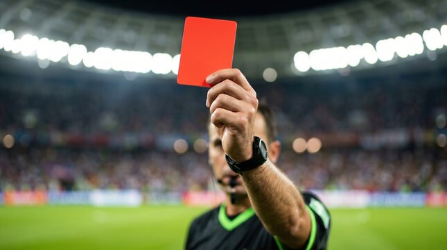 Referee issuing a red card in a soccer game.