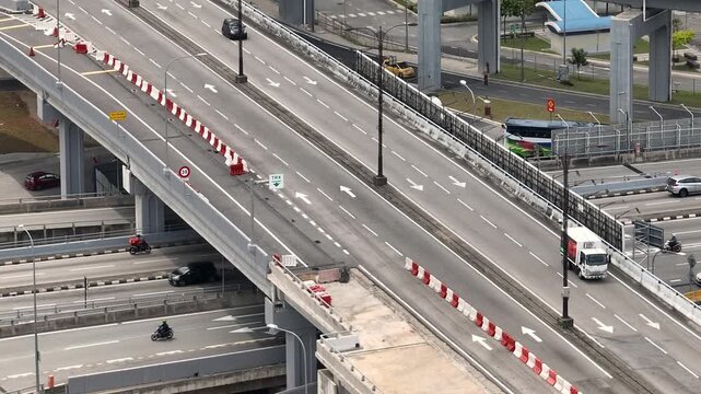day time kuala lumpur city traffic street road interchange aerial topdown panorama 4k malaysia  