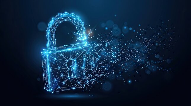 Abstract digital padlock concept of data protection and cybersecurity breaking apart into glowing blue particles against a dark technological background with bokeh lights symbolizing digital security