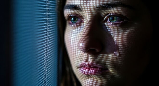 Retrato em close-up de uma mulher chorando, com l&aacute;grimas e sombras que criam um contraste marcante.
