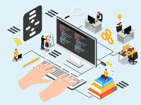 Software Development and Computer Programming Workflow 3d isometric vector illustration