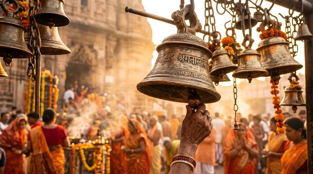 Traditional Brass Bells in Ancient Hindu Temple with Hand Ringing for Morning Prayer
