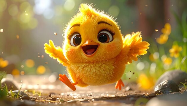 A cheerful cartoon chick runs happily outdoors.