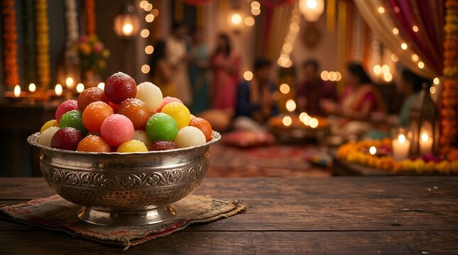 Colorful Indian Sweets in Silver Bowl with Blurred Festive Background