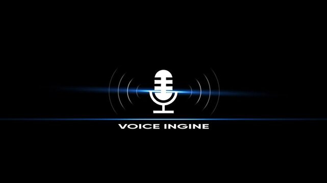 Voice engine animation with pulsing sound waves and cinematic blue light flare on black background microphone