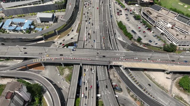 day time kuala lumpur city traffic street road interchange aerial topdown panorama 4k malaysia  