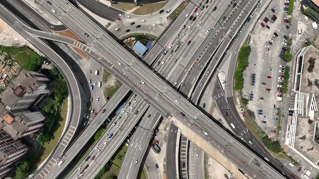 day time kuala lumpur city traffic street road interchange aerial topdown panorama 4k malaysia  