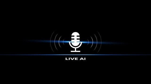 Live ai podcast animation with pulsing sound waves and glowing light effects on black background, artificial intelligence
