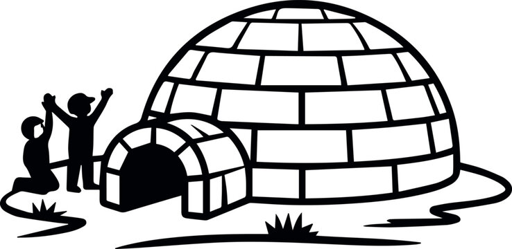Figures using igloos as shelter on snowy plain