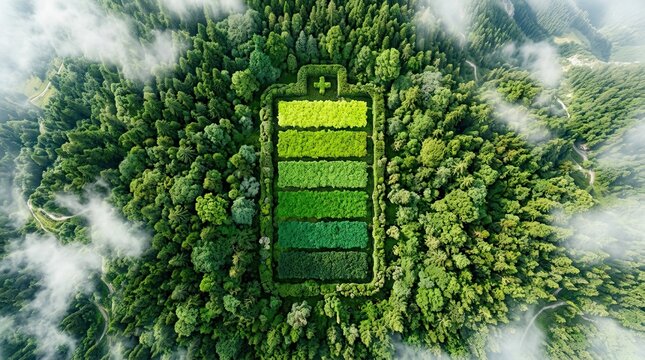 Vibrant aerial drone view of lush green forest canopy forming a large battery icon symbolizing renewable energy and environmental conservation with subtle mist and sunlight creating a serene