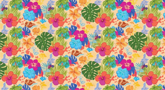 Tropical hibiscus seamless pattern vector, colorful exotic floral background with monstera leaves, vibrant summer botanical wallpaper for textile design
